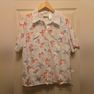 Alfred Dunner White Blouse with Pink and Blue Butterfly Print